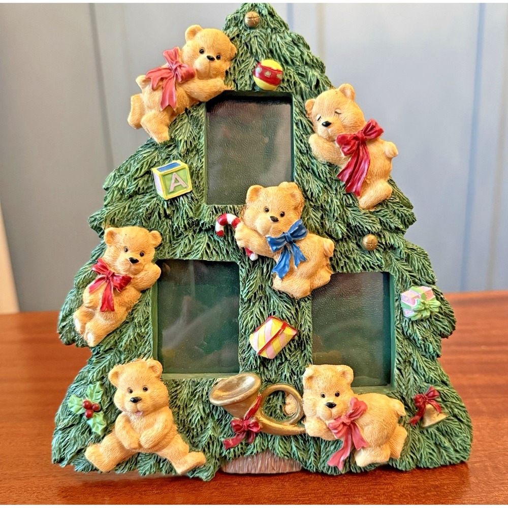 Teddy Bear Christmas Tree Photo Frame Resin 7.5" | Vintage Holiday Decor
